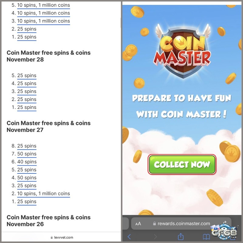 Nhấn vào Collect Now để kiếm spin trong Coin Master tại trang Levvvel