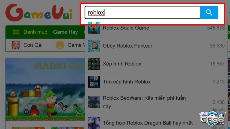 Nhập từ khóa Roblox trên thanh tìm kiếm của Gamevui