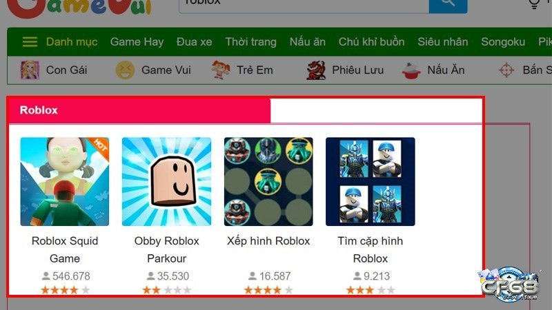 Màn hình hiển thị các trò chơi liên quan đến tựa game Roblox