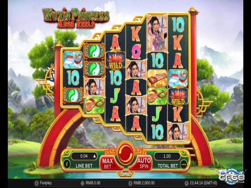 Giao diện chính của game Slot Wuxia Princess Mega Reels với các biểu tượng đặc trưng